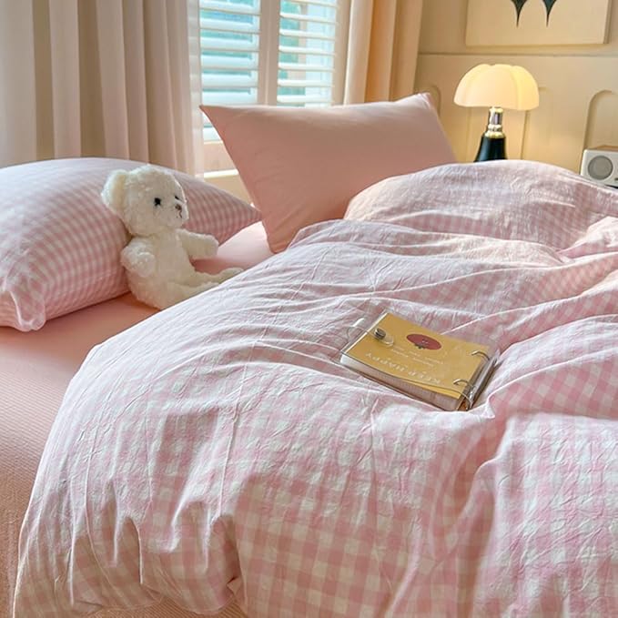 Nayoroom Pink Gingham Comforter Set King Size Plaid Checkered Comforter 3 Pcs Soft Lightweight Grid Farmhouse Dorm Bedding Set for All Seasons (1 Comforter, 2 Pillowcases)