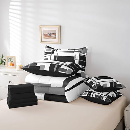 Erosebridal 7Pcs Black and White Full Comforter Set for Minimalist,Black Gray Modern Geometric Bed in A Bag,Abstract Geometric Modern Bedding with Bed Sheets,Mid Century Modern Fashion Quilt