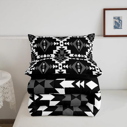 Western Aztec Comforter Set Full Size, Native American Navajo Bedding Set for Boys Adult Teens, Southwestern Geometric Quilt Ethnic American Native Duvet Insert Rustic Farmhouse Decor, Black White