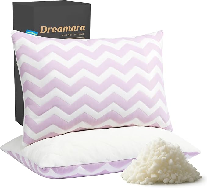Dreamara Cooling Bed Pillows Queen Size Set of 2 – Adjustable Loft Shredded Memory Foam Pillows for Side, Back & Stomach Sleepers, Supportive & Breathable for Hot Sleepers (Mauve)