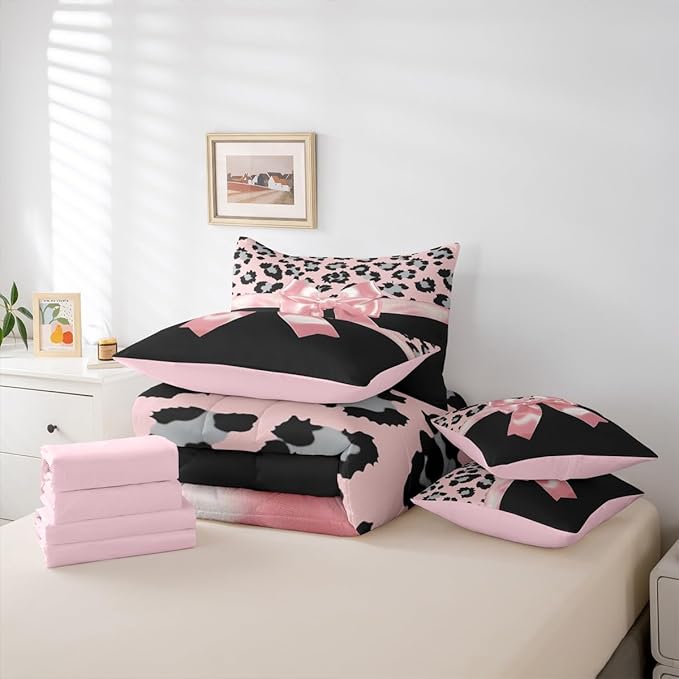 Feelyou Pink Silk Bowknot 7 Piece Bedding Set Queen Size Grey Leopard Comforter Set with Sheets for Kids Girls Women Black Pink Bed in a Bag Sweet Romantic Bed Set