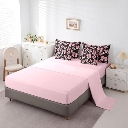 Erosebridal Black Pink Bow Girls Cute Y2K 7 Piece Bedding Set Twin | Bowknot Kawaii Comforter Set with Sheets Lace Princess Bed in A Bag Dreamy Bed Sets