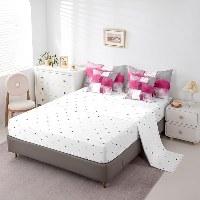 Erosebridal Pink White Grey Bedding King Size 7pcs Oil Painting Comforter Set, Tie Dye Bed in a Bag Ombre Bedding Comforter Sets with Flat Sheet, Fitted Sheet, Pillowcases, Throw Pillow Covers