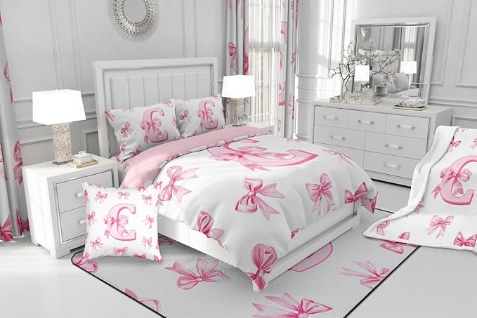 Erosebridal Initial Letter C Bedding Comforter Sets Pink Monogrammed Bowknot Comforter Set Twin,Dreamy Princess Bow Bedding Set for Kids Girls Teen Women,Kawaii Girly Bowknot Bed Set,1 Pillow Case
