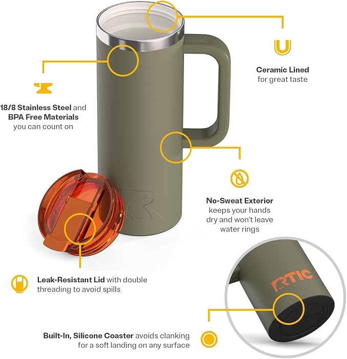 RTIC 20oz Road Trip Travel Mug with Lid and Handle, Ceramic Lined, Insulated, Stainless Steel, Metal, Double Wall Vacuum-Insulation, Portable Coffee, Tea Cup for Hot and Cold Drink, Trailblazer
