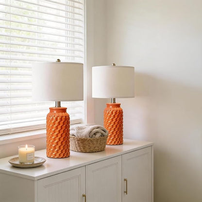 20.5" Ceramic Table Lamps Set of 2, Modern Farmhouse Boho Bedside Lamps for Bedroom, Nightstand Lamps for Living Room End Tables, Small Desk Lamps, Orange
