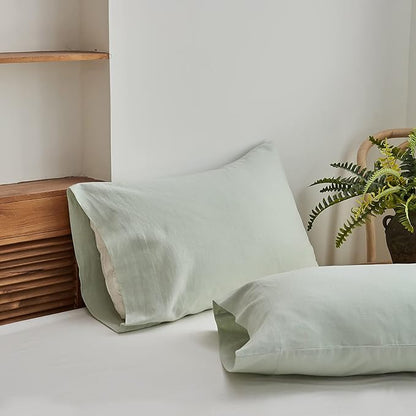 Simple&Opulence Belgian Linen Sheet Set Solid Color - 4 Pieces (1 Flat Sheet, 1 Fitted Sheet & 2 Pillowcases) Natural Flax Cotton Blend Soft Breathable Farmhouse Bedding - King Size, Mint Green