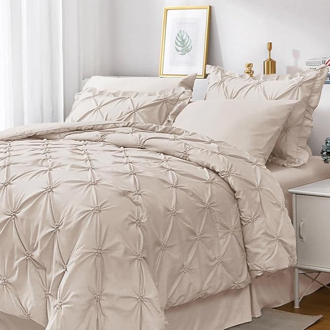 JOLLYVOGUE King Size Comforter Set 7 Pieces, Beige Bed in a Bag Comforter Set for Bedroom, Beddding Sets with Comforter, Sheets,Ruffled Shams & Pillowcases