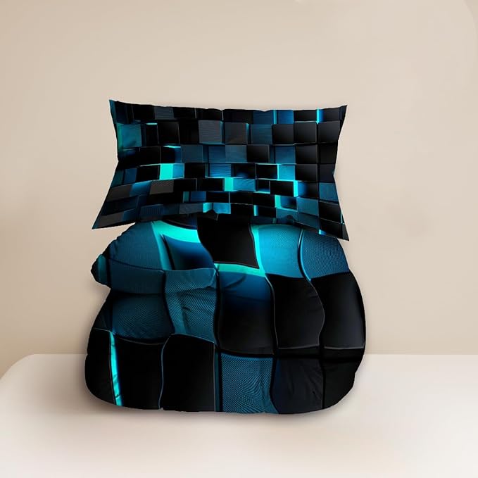 Turquoise Black Comforter Set, Light Honeycomb Theme 3D Pattern for Kids Teens Adults,Decorative Bedding Comforter Sets with 2 Pillow Shams, Queen Size