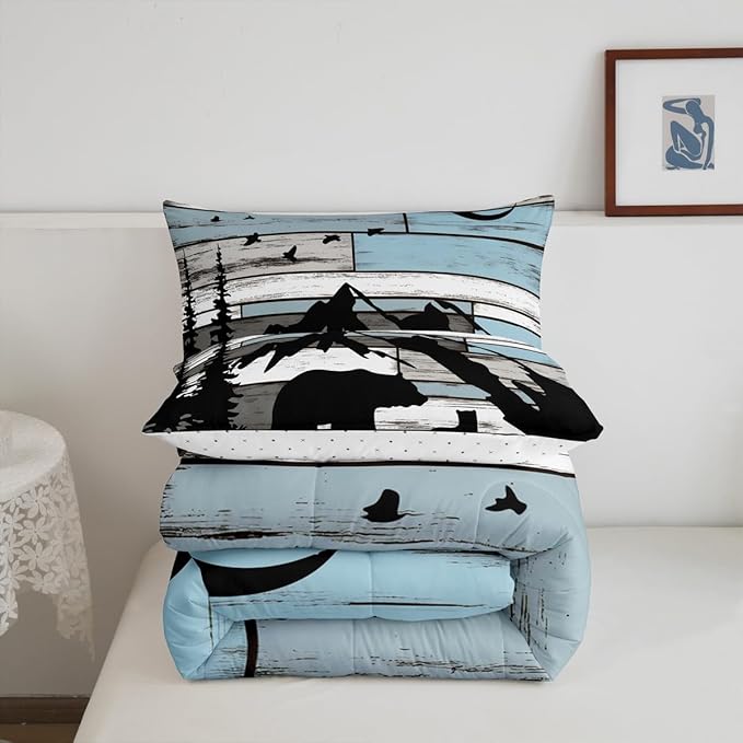 Feelyou Western Rustic Bear Comforter Set Twin Size, Wildlife Hunting Quilt Set with 1 Pillowcases, Forest Animal Wildlife Bedding Set 2pcs for Kids Boys Teens Room Decor, Farmhouse Duvet Insert