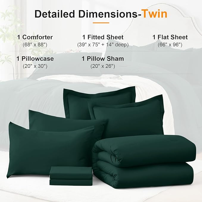 Twin Comforter Set 5 Piece - Soft Bed in a Bag Queen Size Comforter Sets, Cozy Luxury Bedding Sets with All Season Comforter, Flat Sheet, Fitted Sheet,Pillowcases & Shams, Dark Green