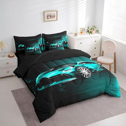 Feelyou Sports Car 7 Piece Bedding Set Teal Blue Race Car Comforter Set with Sheets for Kids Boys Girls Extreme Sports Theme Bed in a Bag Cool Speed Car Decor Bed Set with 1 Pillowcase Twin Size