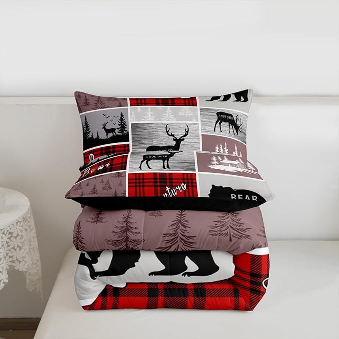 Erosebridal Rustic Plaid Patchwork Comforter Set King, Hunting Bear Deer Bedding Set Country Farmhouse Vintage Duvet Insert Woodland Wild Animal Grid Claw Quilt Adventure Camping Bedroom Decor, Red