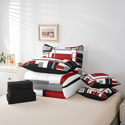 Erosebridal 7Pcs Red Black White Abstract Geometric Comforter Set King,Aesthetics Art Modern Bed in A Bag for Minimalist,Mid Century Modern Bedding with Bed Sheets,Contemporary Boho Striped Quilt