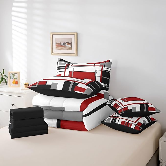 Erosebridal 7Pcs Red Black White Abstract Geometric Comforter Set Twin,Aesthetics Art Modern Bed in A Bag for Minimalist,Mid Century Modern Bedding with Bed Sheets,Contemporary Boho Striped Quilt