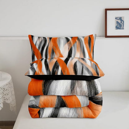 Erosebridal Geometric Stripes Comforter Queen Modern Abstract Comforter Set Grey Black Orange Bedding Set for Kids Adults Swirl Lines Quilt Duvet Room Decor 3 Pcs
