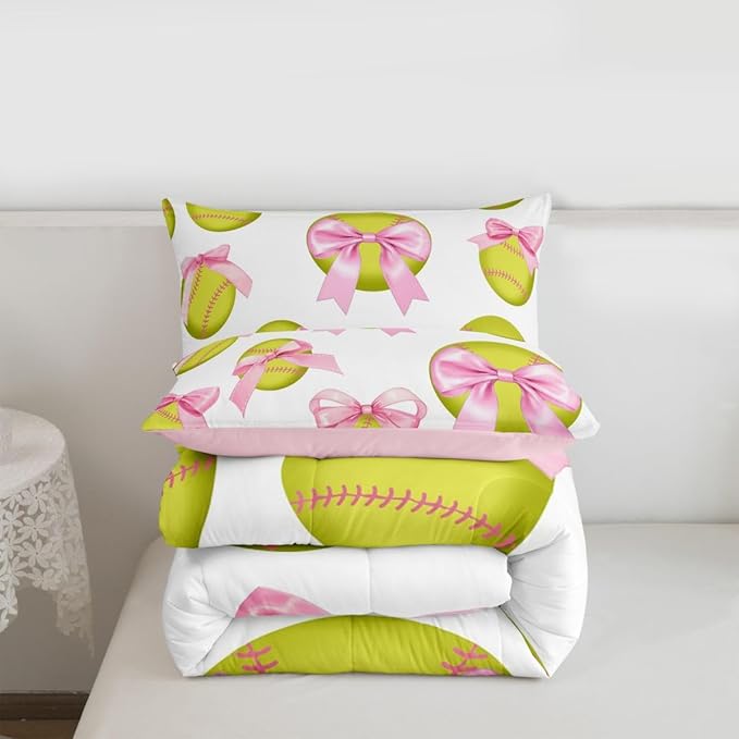 Cute Softball Comforter Set King Size,Pink Bowknot Print Bedding Sets 3Pcs for Kids Girls Boys Women Room Decor,Ball Sports Gaming Duvet Insert Softball Player Down Comforter,2 Pillowcases