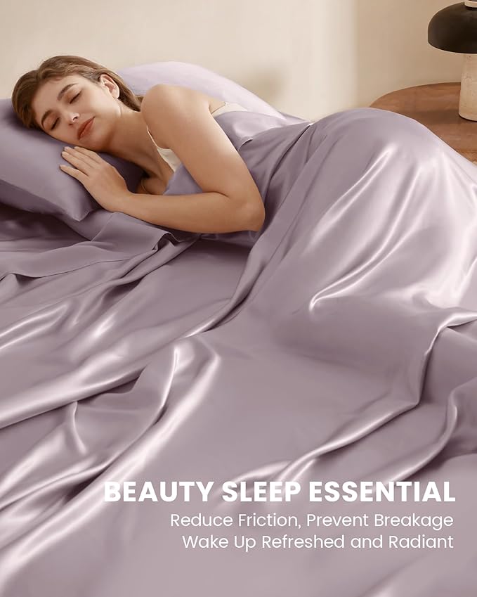 THXSILK Silk Sheet Set 4 Pcs, Full Size Sheet Set, Soft Breathable Cooling Bed Sheets with 1 Flat Sheet, 1 Fitted Sheet, 2 Pillowcases with Zipper Closure, Light Purple