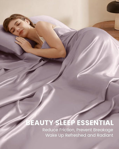 THXSILK Silk Sheet Set 4 Pcs, Full Size Sheet Set, Soft Breathable Cooling Bed Sheets with 1 Flat Sheet, 1 Fitted Sheet, 2 Pillowcases with Zipper Closure, Light Purple