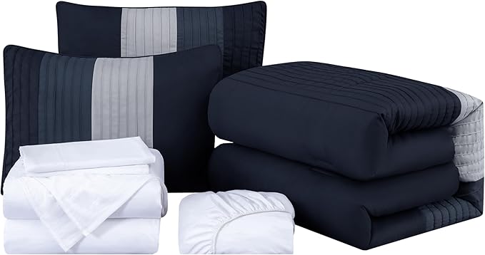 Chezmoi Collection Briar 7-Piece California King Bed in a Bag - All Season Lightweight Microfiber Comforter Set - Includes Sheets & Shams - Navy/Blue/Gray Pleated Stripe Design
