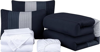 Chezmoi Collection Briar 7-Piece King Bed in a Bag - All Season Lightweight Microfiber Comforter Set - Includes Sheets & Shams - Navy/Blue/Gray Pleated Stripe Design