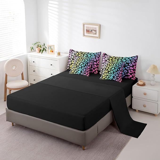 Leopard Print Bedding Set 7 Pieces King,Rainbow Cheetah Print Comforter Sets for Girl Boy Bedroom,Colorful Wild Animal Skin Print 7pcs Bed in a Bag with Comforter, Sheets and Pillow Cases