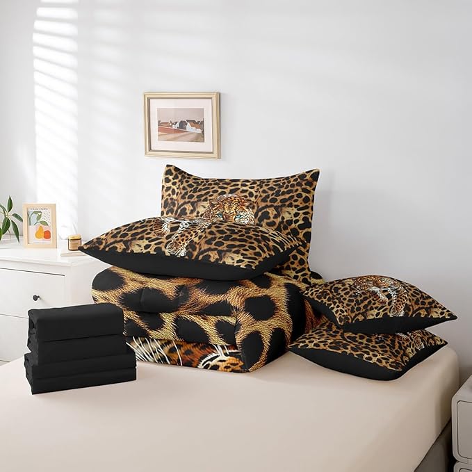 Cheetah Comforter Set 7 Pieces,African Leopard Skin Print Bed Set,Luxury Wildlife Animal Theme Bedding Set for Kids,Queen(1 Comforter,2 Pillowcase,2 Pillow Covers,1 Flat Sheet,1 Fitted Sheet)