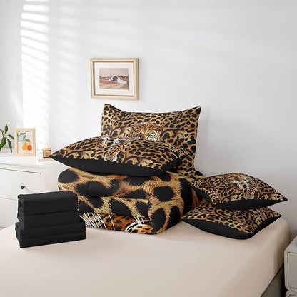 Castle Fairy Cheetah Comforter Set Full Size,African Leopard Skin Print Bedding Set,Luxury Wildlife Animal Theme Bed Set 7 Pieces(Comforter+Fitted+Flat Sheet+Pillowcase+Pillow Cover)