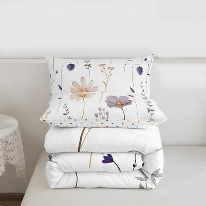 Erosebridal Watercolor Flower Bedding Set Twin, Plum Beige Floral Comforter Set for Teens Adult Women Bedroom, Modern Minimalist White Duvet Insert Branches Pastoral Down Comforter, 1 Pillow Case