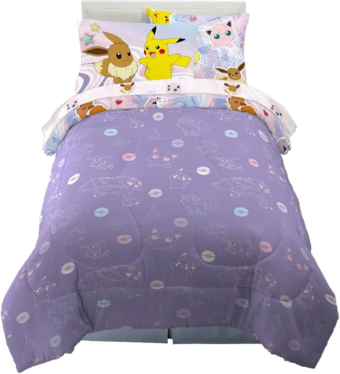 Pokémon Girl Kids Bedding Twin Size – 5 Piece Comforter & Sheet Set with Sham – Super Soft – Eevee, Pikachu & Jigglypuff – (Officially Licensed Product) by Franco
