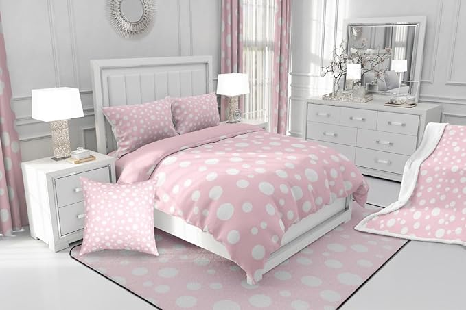 Manfei White Polka Dots Comforter Set King Size,Geometric Circles Pink White Simple Girly Bedding Set for Adults Room,Princess French Style Cute Dots Print Comforter,3 Pcs 2 Pillowcases