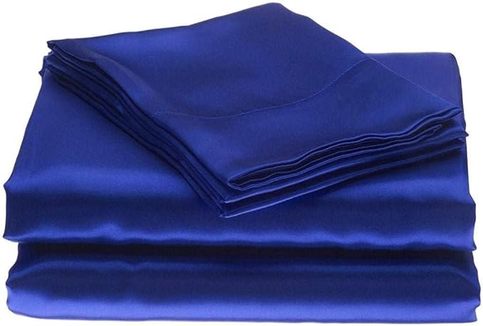 100% Pure Silk Satin Sheet Set - 4 Pieces, King Size, Includes Fitted Sheet (15" Deep Pocket), Flat Sheet & Pillowcases, Wrinkle-Free, Fade-Resistant, Soft & Cool.(Royal Blue, Full)