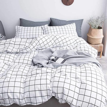 Faincy Full Comforter Set, White Black Grid Geometric Plaid Pattern Printed Reversible Comforter - Size 80 x 90 3PC Soft Microfiber Duvet Sets 2 Pillowshams Modern Bedding in a Bag for Women Men Teen