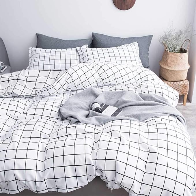 Faincy Queen Comforter Set, White Black Grid Geometric Plaid Pattern Printed Reversible Comforter - Size 90 x 90 3PC Soft Microfiber Duvet Sets 2 Pillowshams Modern Bedding in a Bag for Women Men Teen