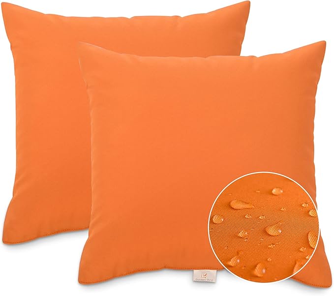 JMGBird Water-Resistant Outdoor Pillows Set of 2, 18x18 inch Durable Pure Orange Throw Pillows with Inserts for Patio Furniture