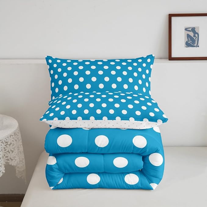 Manfei Polka Dots Comforter Set Full Size 3 Pcs,Modern Geometric Circles Abstract Simple Art Bedding Set,Cartoon French Style Dots Blue White Quilt Set for Teens Bedroom,2 Pillowcases