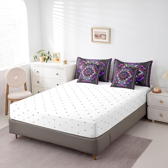 Feelyou Sun Moon Bed in a Bag with Comforter, Twin Size 7Pcs Boho Exotic Bedding Set with Comforter, Purple Bohemian Galaxy Comforter Women Men Teens Ultra Soft Decor Astrology Space Room Decor