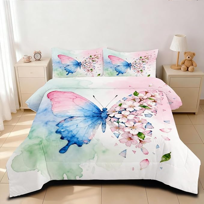 Butterfly Comforter Set Queen 3 Pieces Blue Pink Green Tie Dye Bedding Set for Kids Teens Butterflies Floral Cherry Blossoms Comforter with 2 Pillowcases, Super Soft Microfiber All Season