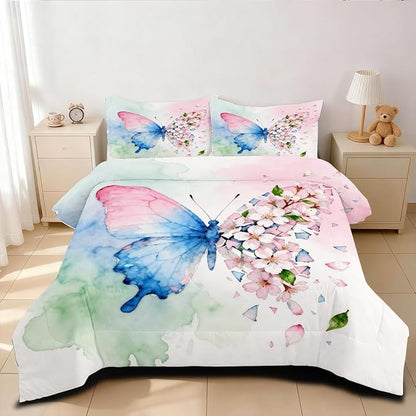 Butterfly Comforter Set Queen 3 Pieces Blue Pink Green Tie Dye Bedding Set for Kids Teens Butterflies Floral Cherry Blossoms Comforter with 2 Pillowcases, Super Soft Microfiber All Season
