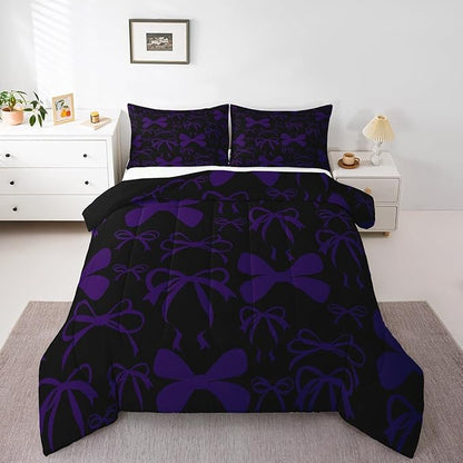 Feelyou Cute Bowknot Bedding Set Boys Girls Full Size Bow Comforter Set for Kids Women Men Ultra Soft Purple Girls Bow Comforter Lovely Duvet Set
