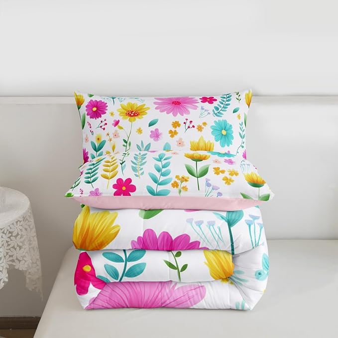 Manfei Watercolor Floral Comforter Set Twin Size,Botanical Flower Leaves Bedding Set 2pcs,Cartoon Cute Blossom Down Comforter for All Season,Kids Boys Girls Room Decor,1 Pillowcase,No Sheets
