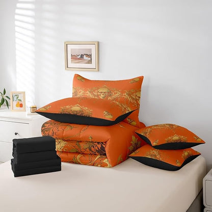 Erosebridal Gothic Bed in a Bag Queen Comforter Set 7 Piece,Goth Sugar Skull Orange Yellow Damask Bedding Set,Bohemian Vintage Floral Comforter and Sheet Set,Exotic Antique Victorian Baroque Decor