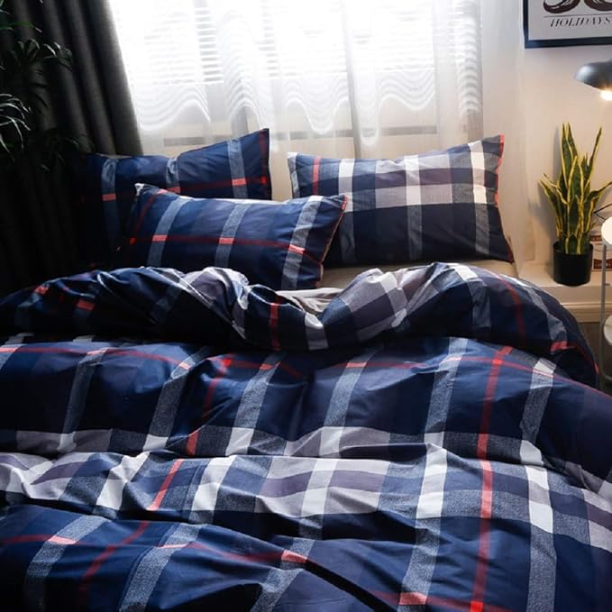 Pureant Navy Blue Plaid Comforter Set King Blue Grid Bedding Comforter Sets for Men Boys Tartan Geometric King Comforter Soft Buffalo Grid Quilts Boho Blue King Size Comforter Sets Breathable