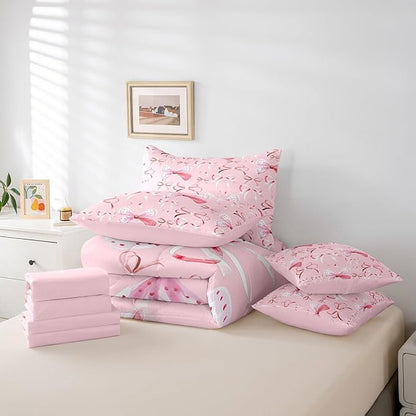 Feelyou Pink Girls Bow Bedding Set for All Season Boys Girls Twin Size Bow 7 Pieces Comforter Sets for Kids Women Men Cute Bowknot Bed in a Bag with Comforter, Sheets, Pillowcases & Cushion Cover