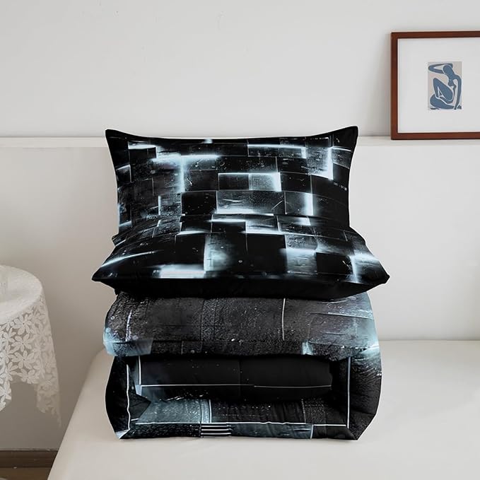 Black Greyish White Abstract Comforter Twin Gradient Square Twin Bedding Set Grid Down Comforter Neon Checkered Bed Set Glowing Plaid Quilted Duvet Modern Room Decor 2pcs (Black Reversible)