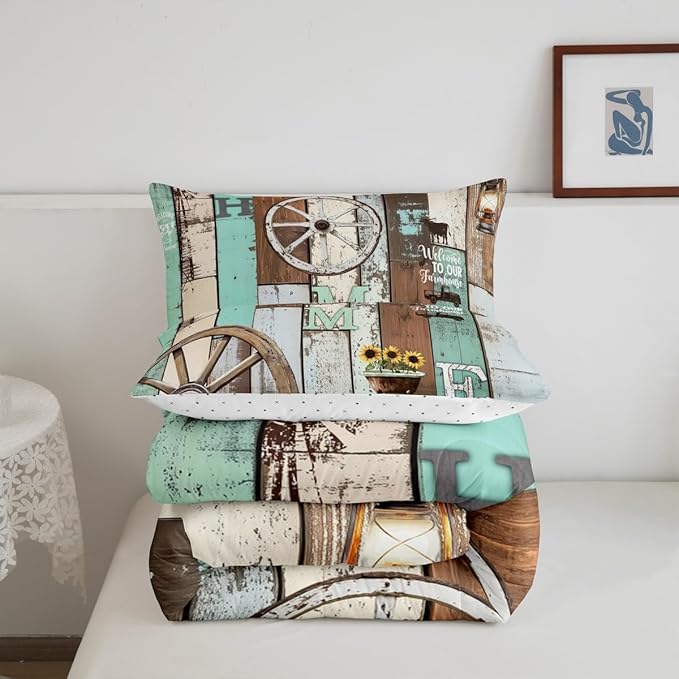 Western Rustic Comforter Full Farmhouse Cabin Quilt Bedding Set For Kids Adult Men Women,Farm Animal Sunflower Wheel Comforter Set Retro Barn Door Windmill Duvet Blue Green Home Room Decor 3 Pcs