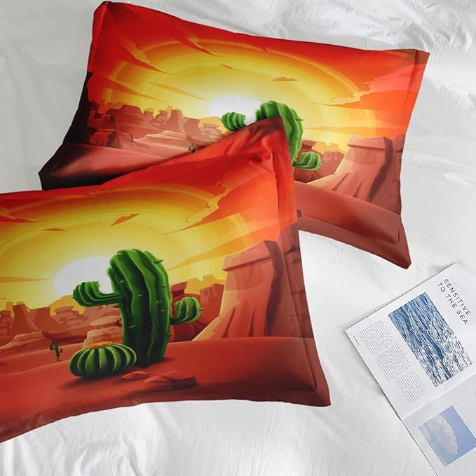 Comforter Set Full Size, Cactus Mountains Sun 3 Pcs Soft Bedding Set for Kids and Adults, Summer Sunset Plant Comforter Set with 2 Pillowcases, for Bedroom Bed Decor