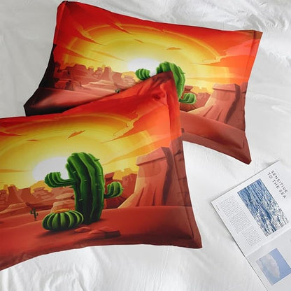 Comforter Set Full Size, Cactus Mountains Sun 3 Pcs Soft Bedding Set for Kids and Adults, Summer Sunset Plant Comforter Set with 2 Pillowcases, for Bedroom Bed Decor