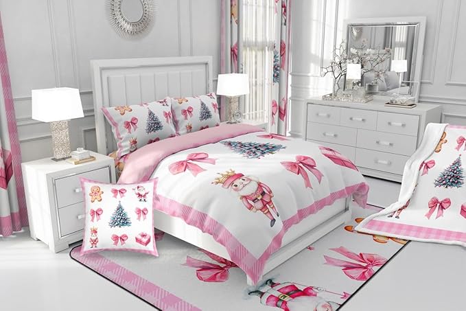 Erosebridal Christmas Tree Bedding Comforter Sets Pink Xmas Bowknot Bedding Set Full for Kids Girls Teen,Cute Santa Claus Gingerbread Man Comforter Set Kawaii Grid Plaid Quilt Duvet