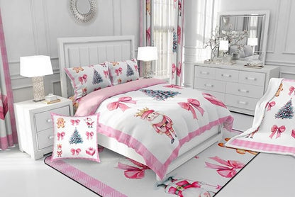 Erosebridal Christmas Tree Bedding Comforter Sets Pink Xmas Bowknot Bedding Set Twin for Kids Girls Teen,Cute Santa Claus Gingerbread Man Comforter Set Kawaii Grid Plaid Quilt Duvet